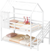 Twin house bed with stairs and roof in white, featuring a fun design for kids' themed bedrooms and sturdy construction.