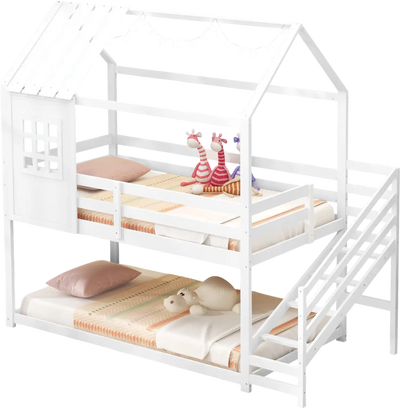 Costway Twin Kids House Bed with Stairs Roof White 82543796 New