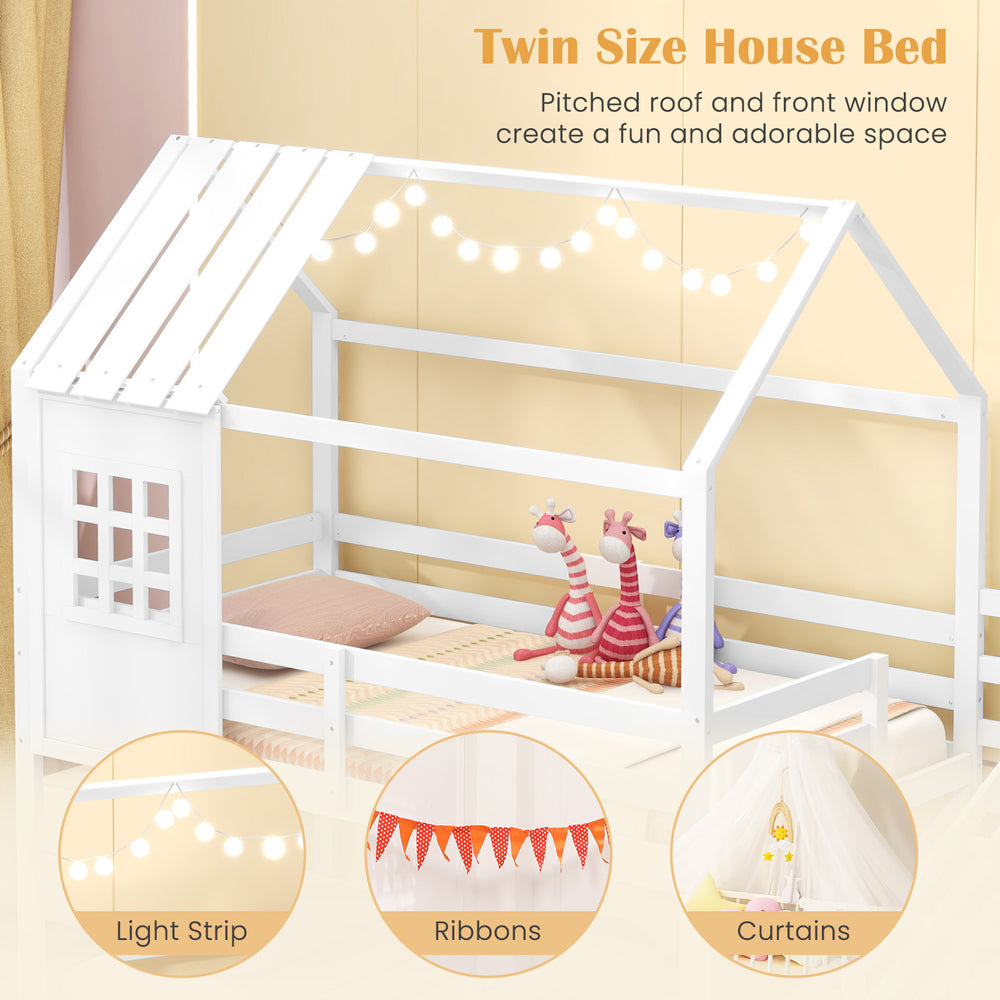 Twin house bed with pitched roof and front window, designed for kids' themed bedrooms, featuring a solid wood frame.