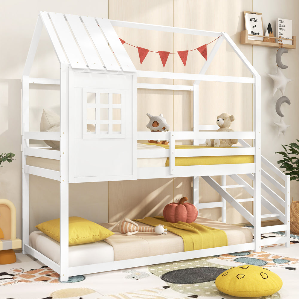 Twin house bed with stairs and roof in white, featuring a fun design and sturdy solid wood frame for kids' bedrooms.