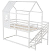 Twin house bed in white with stairs and pitched roof, designed for easy access and a playful bedroom atmosphere.