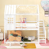 Twin house bed for kids in white with stairs and pitched roof, perfect for themed bedrooms and safe sleeping.