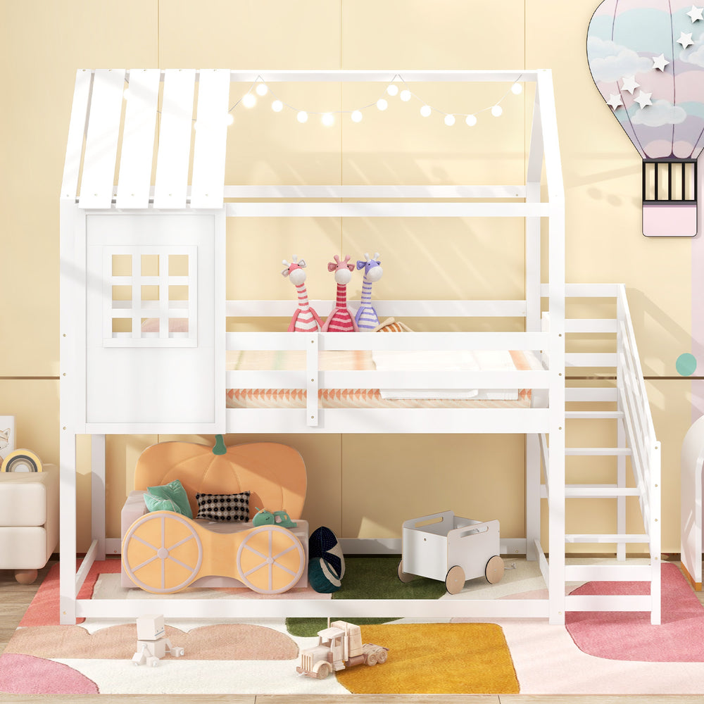 Twin house bed for kids in white with stairs and pitched roof, perfect for themed bedrooms and safe sleeping.
