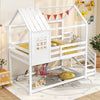 Twin house bed for kids in white with stairs, pitched roof, and guardrails, ideal for themed bedrooms and safe sleep.