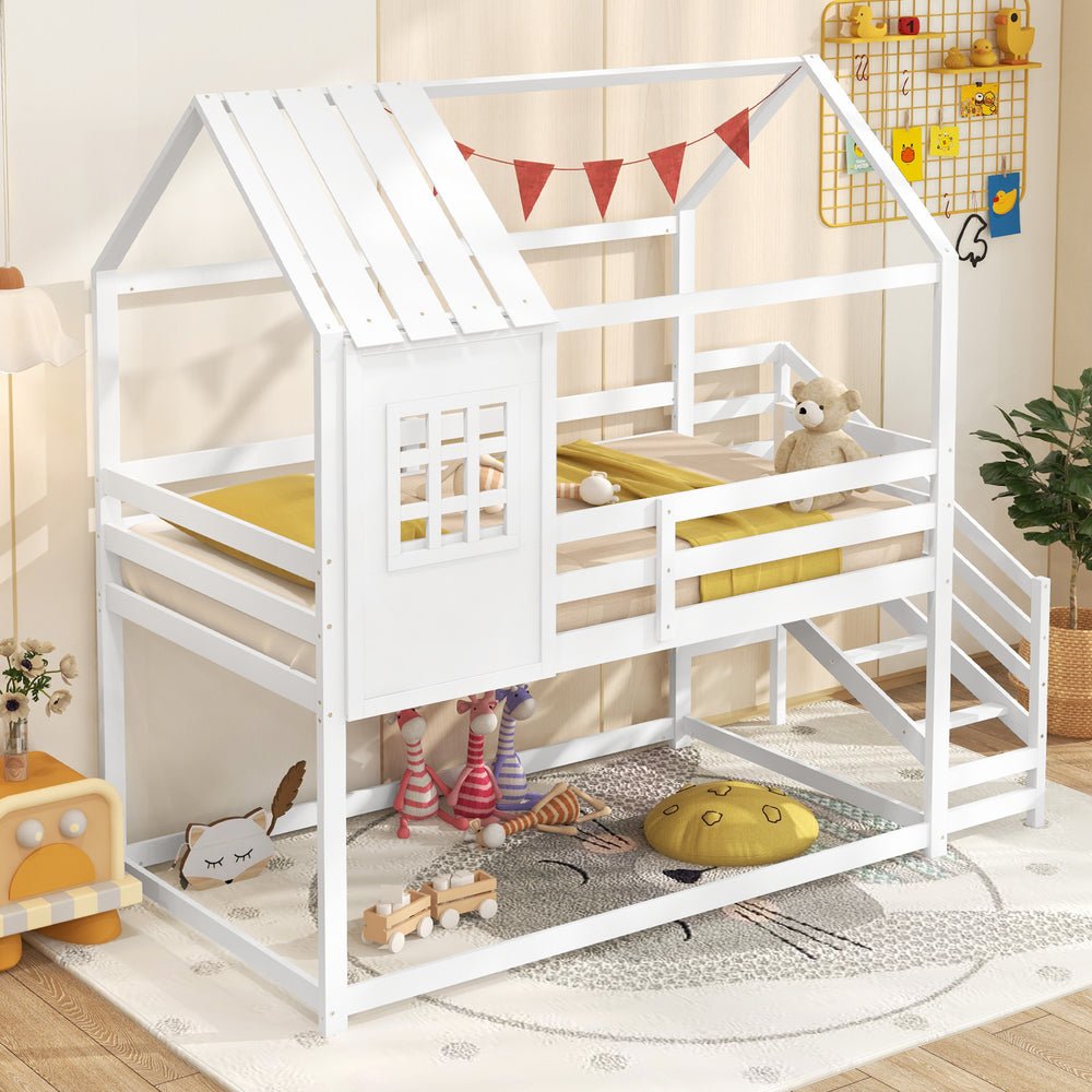 Twin house bed for kids in white with stairs, pitched roof, and guardrails, ideal for themed bedrooms and safe sleep.