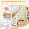 Twin house bed with stairs and roof in white, featuring high guardrails and a child-friendly low-profile design for.