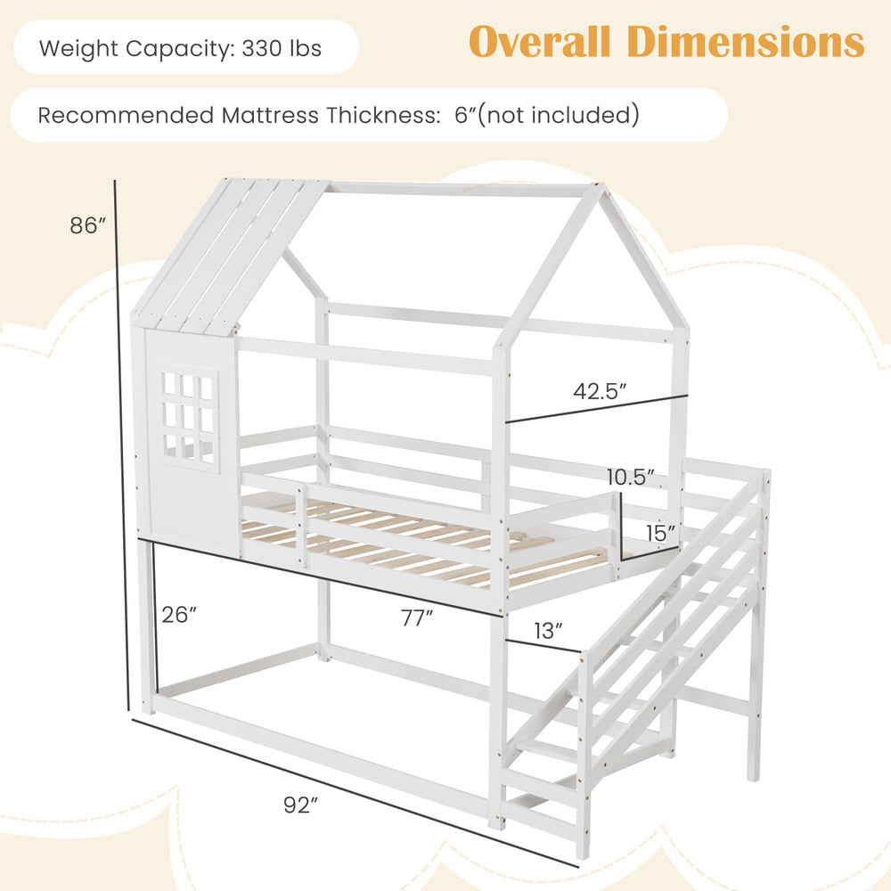 Twin house bed with stairs and roof in white, featuring a solid wood frame and high guardrails for kids' safety.