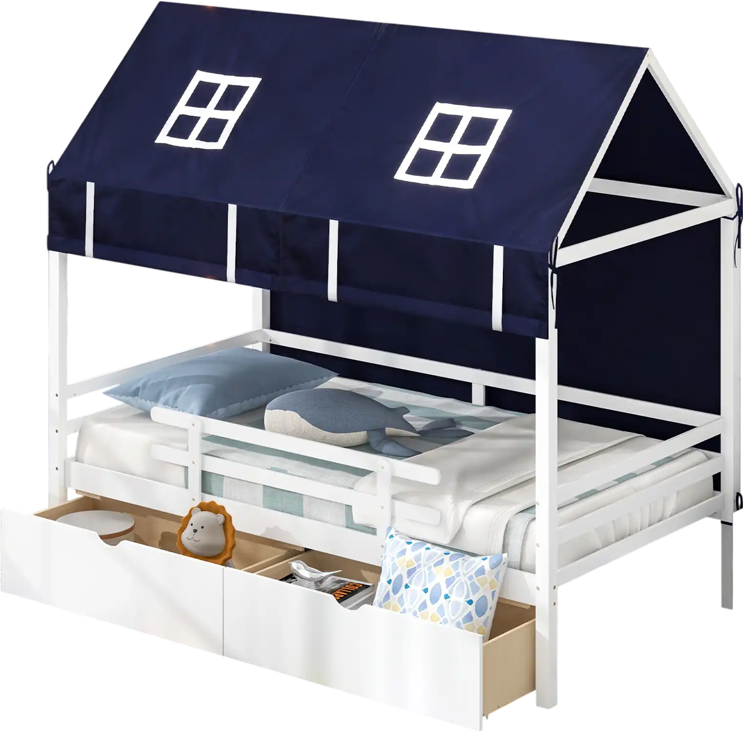 Costway Twin House Bed with Tent & 2 Storage Drawers for Kids White 62193487 New