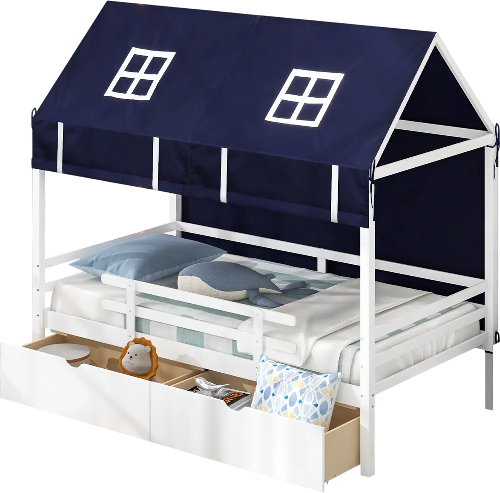 Twin house bed with navy tent, solid wood frame, and two storage drawers for kids' organized play and sleep space.