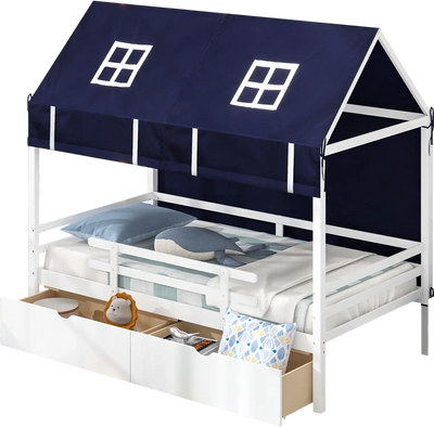 Costway Twin House Bed with Tent & 2 Storage Drawers for Kids White 62193487 New