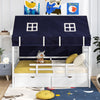 Twin house bed with navy tent and two storage drawers, featuring a solid wood frame and protective fences for kids.