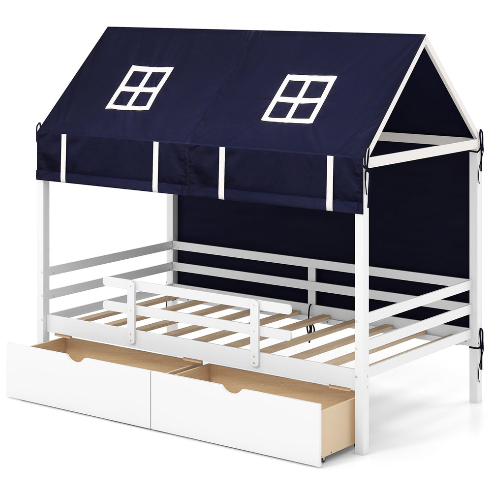 Twin house bed with navy tent, solid wood frame, and two storage drawers for kids' organized play and sleep.