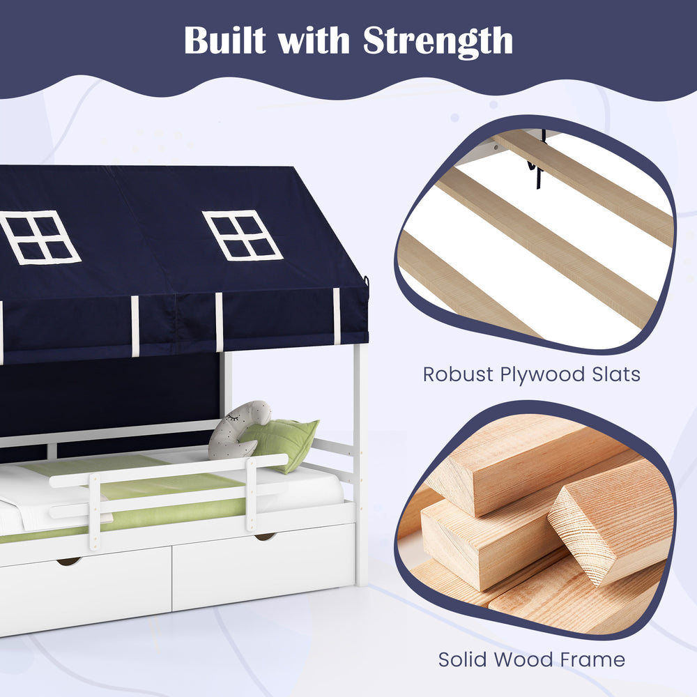 Twin house bed with tent, solid wood frame, and two storage drawers for kids, ideal for themed bedrooms.