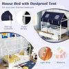 Twin house bed with dustproof tent, roll-up curtains, and two storage drawers for kids' themed bedroom organization.