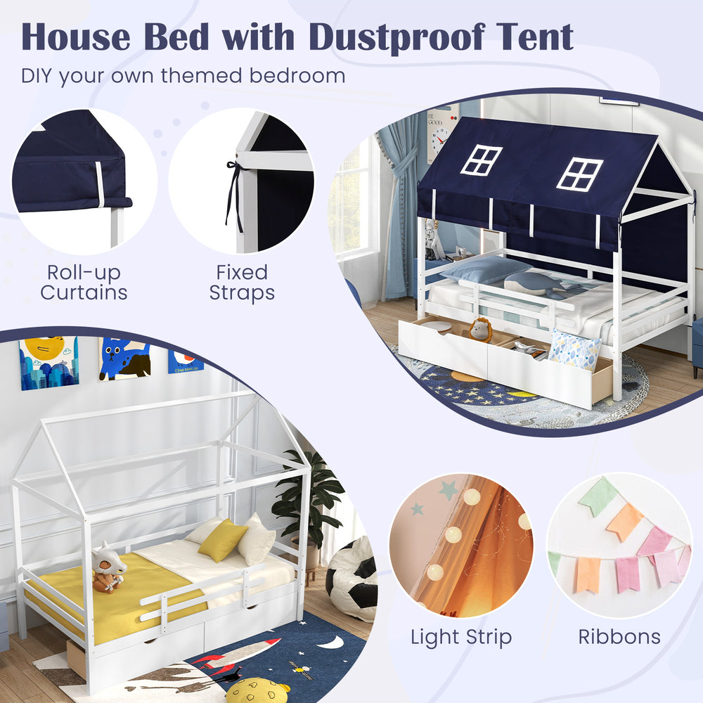 Twin house bed with dustproof tent, roll-up curtains, and two storage drawers for kids' themed bedroom organization.
