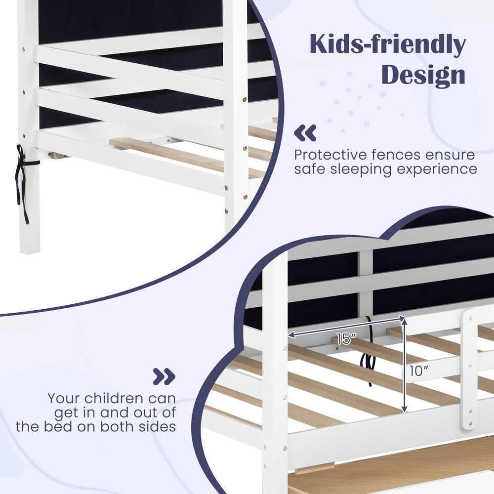 Twin house bed with protective fences and tent, featuring two storage drawers for kids' room organization.