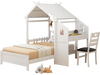 Twin house bed in white with protective fence and study area, featuring dual storage drawers for toys and books.