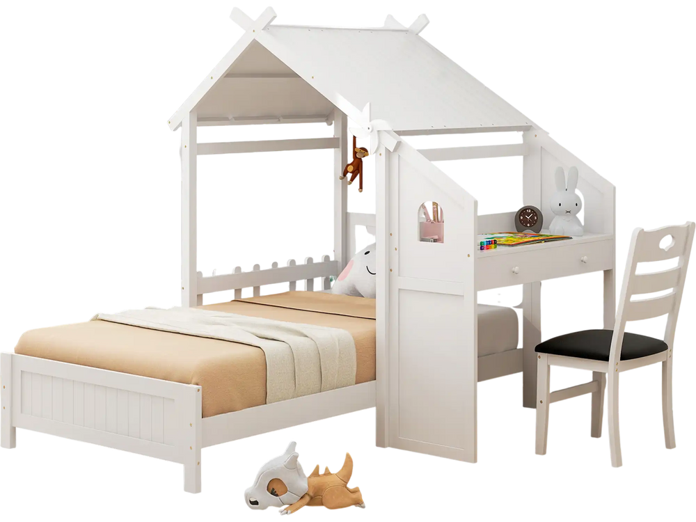 Twin house bed in white with protective fence and study area, featuring dual storage drawers for toys and books.