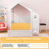 Twin house bed in white with protective fence, two drawers, and decorative windmill for children's sleep and study.