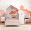 Twin house bed in white with two drawers and decorative windmill, perfect for children's sleep and study space.