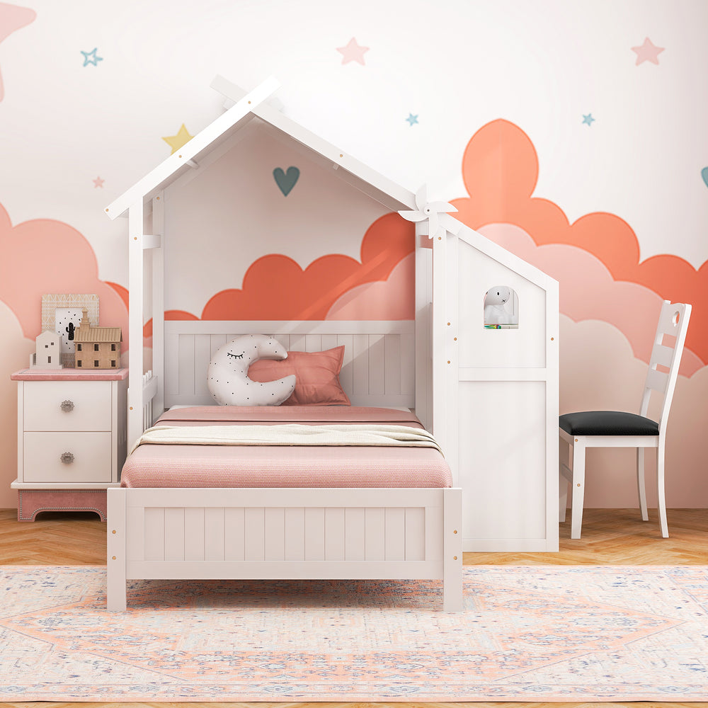 Twin house bed in white with two drawers and decorative windmill, perfect for children's sleep and study space.