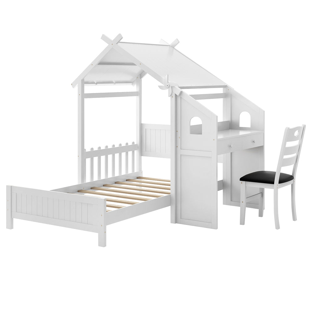 Twin house bed in white with ergonomic study chair, two storage drawers, and decorative windmill for kids' rooms.