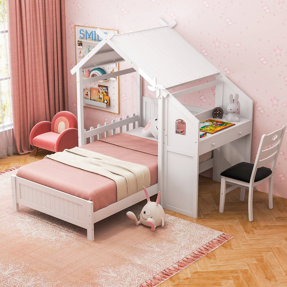 Twin house bed in white with study desk, two drawers, and windmill design, perfect for kids' sleeping and studying.