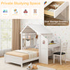 Twin house bed with dual storage drawers and ergonomic study chair, designed for sleeping and studying in white.