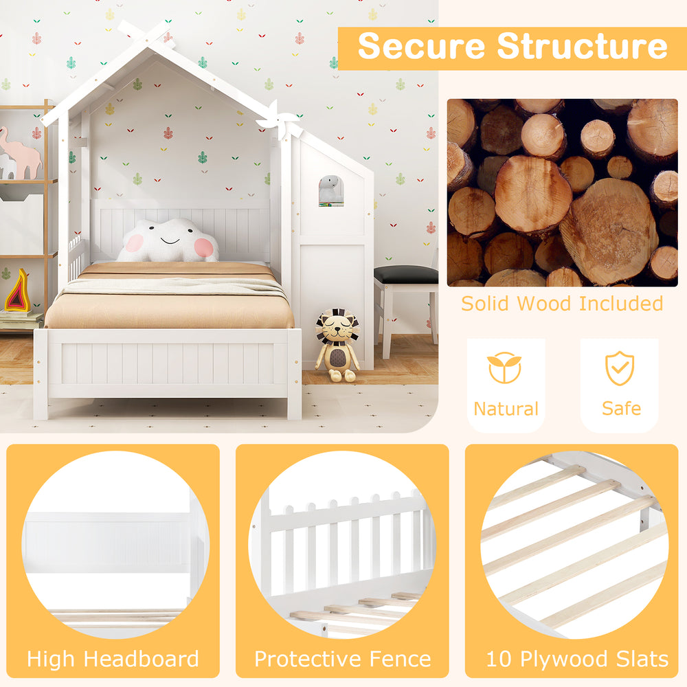 Twin house bed with protective fence and high headboard, made of solid wood, perfect for kids' sleep and study.