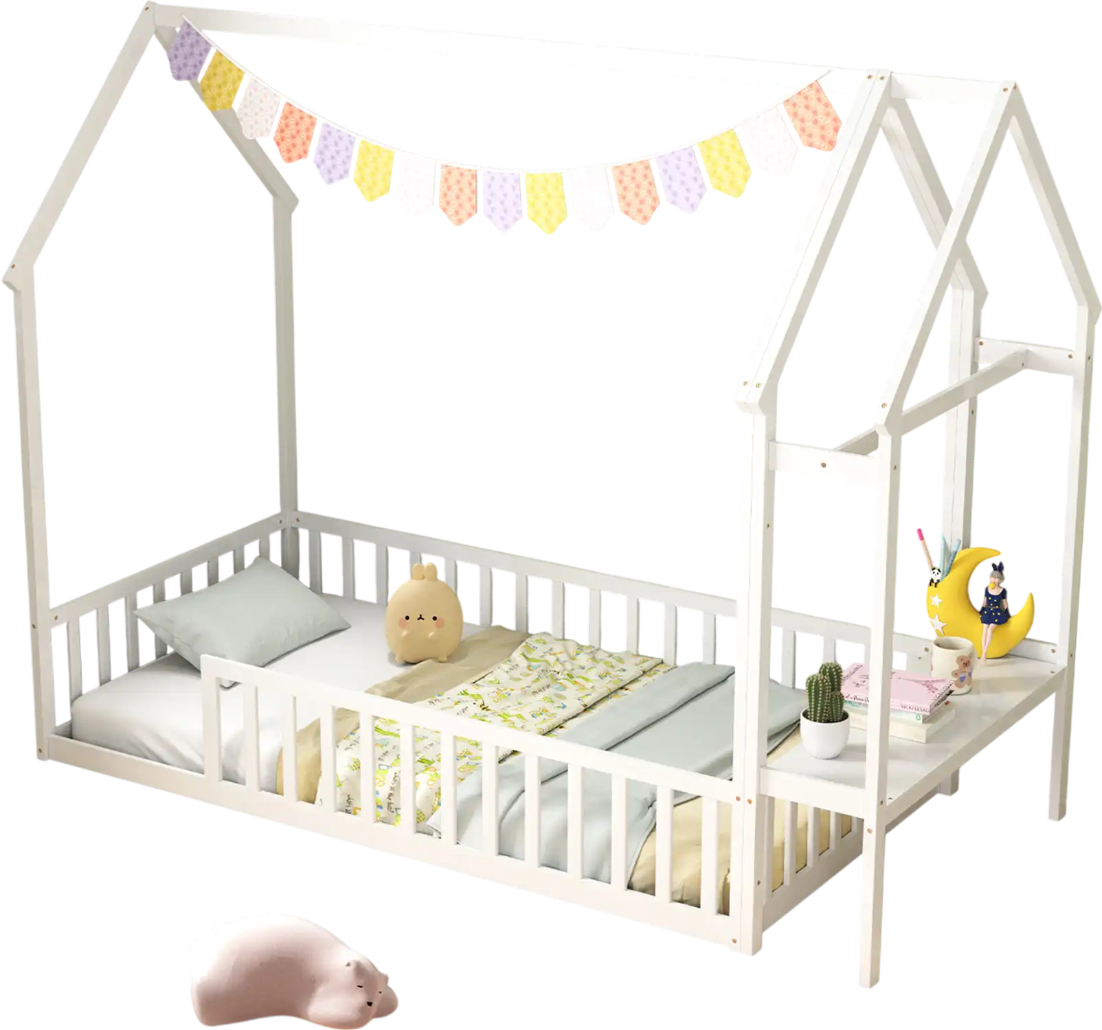 Costway Twin House Floor Bed Frame w/ Storage Shelf White 526817934 New