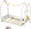 Twin house floor bed frame in white with built-in storage shelf, designed for kids' independence and safety.