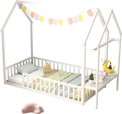 Costway Twin House Floor Bed Frame w/ Storage Shelf White 526817934 New