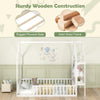 Twin house floor bed frame in white with solid wood construction and built-in storage shelf for kids' themed rooms.