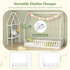 Twin house bed frame with storage shelf and reversible clothes hanger, designed for kids' rooms in white.