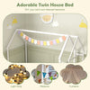 Twin House Floor Bed in white with built-in storage shelf, designed for kids' independence and safety in a themed.
