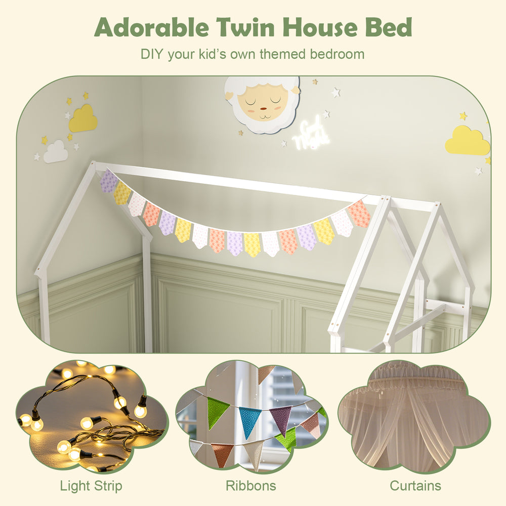 Twin House Floor Bed in white with built-in storage shelf, designed for kids' independence and safety in a themed.