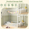 Twin house bed frame in white with built-in storage shelf for toys, snacks, and stationery, perfect for kids' rooms.