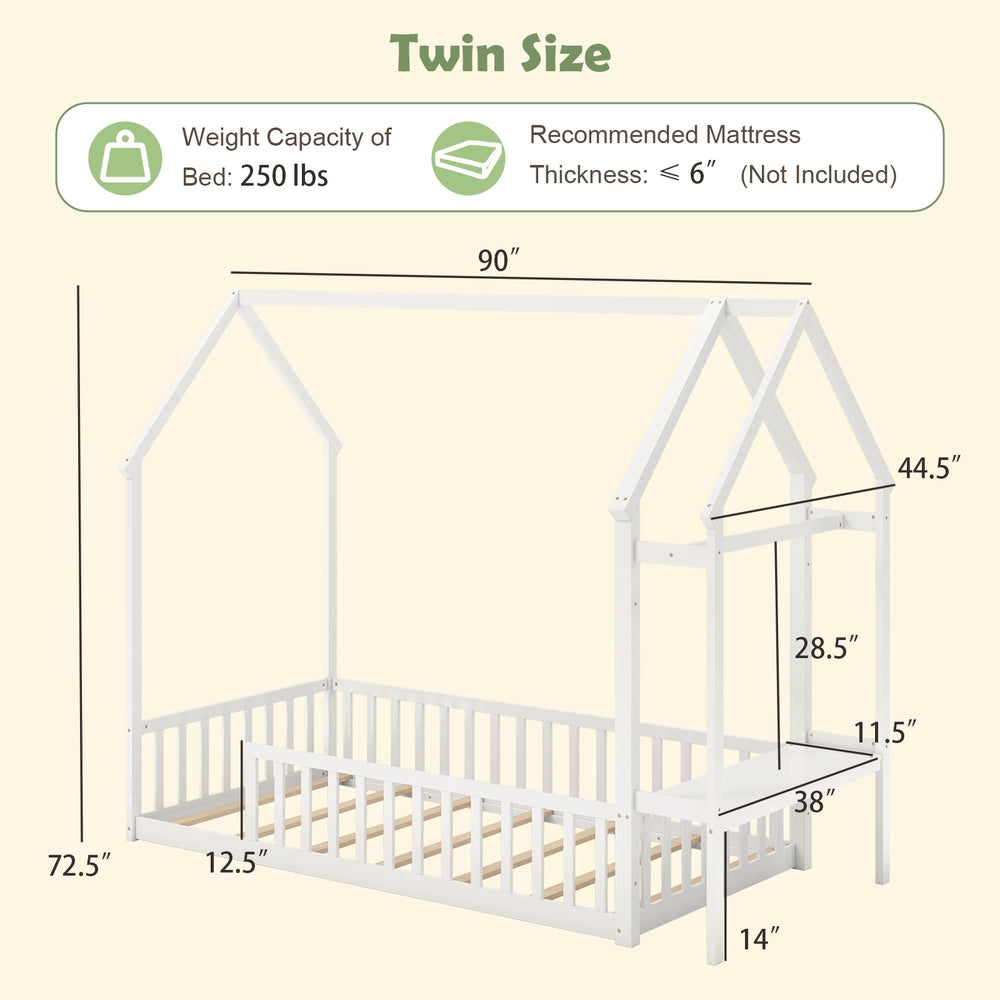 Twin size house bed frame in white with storage shelf, designed for kids' independence and safety, ideal for themed.