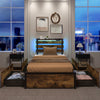 Twin LED bed frame with robust metal construction, rolling fabric drawers, and RGB lights for a stylish bedroom setup.