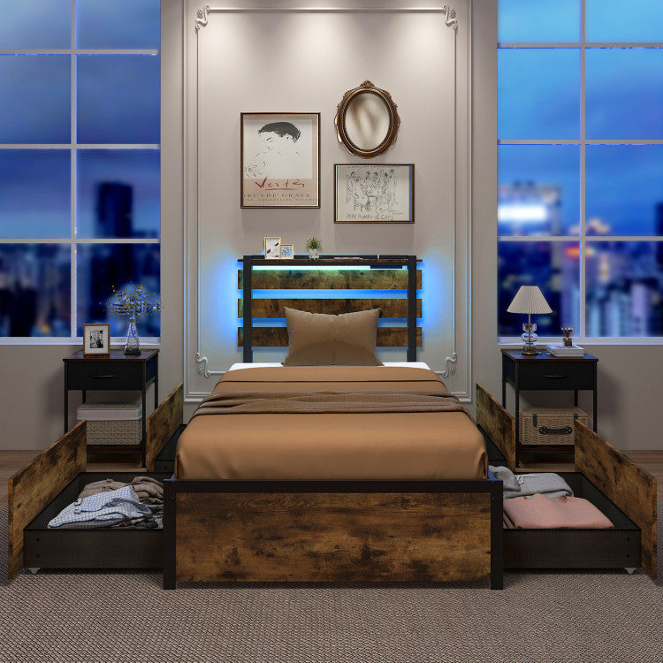 Twin LED bed frame with robust metal construction, rolling fabric drawers, and RGB lights for a stylish bedroom setup.