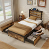 Twin LED bed frame with robust metal structure, fabric storage drawers, and RGB lights for a stylish bedroom setup.