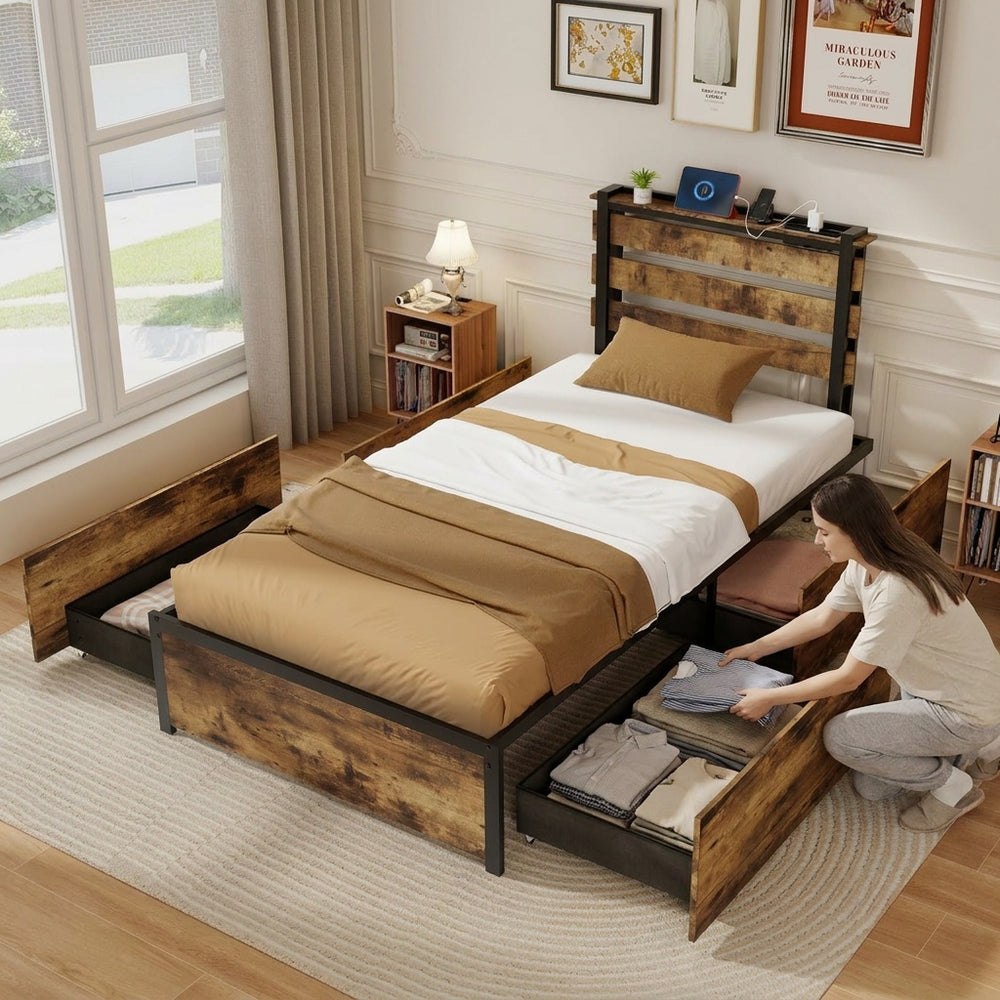 Twin LED bed frame with robust metal structure, fabric storage drawers, and RGB lights for a stylish bedroom setup.