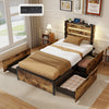 Twin LED bed frame with robust metal structure, 4 storage drawers, built-in charging station, and RGB light strip.