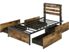 Twin LED bed frame with robust metal structure, slatted headboard, and four rolling fabric drawers for storage.