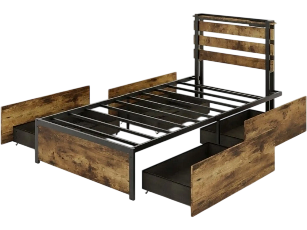 Twin LED bed frame with robust metal structure, slatted headboard, and four rolling fabric drawers for storage.
