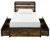 Twin LED bed frame with slatted headboard, rolling fabric drawers, and RGB lights for versatile bedroom decor.