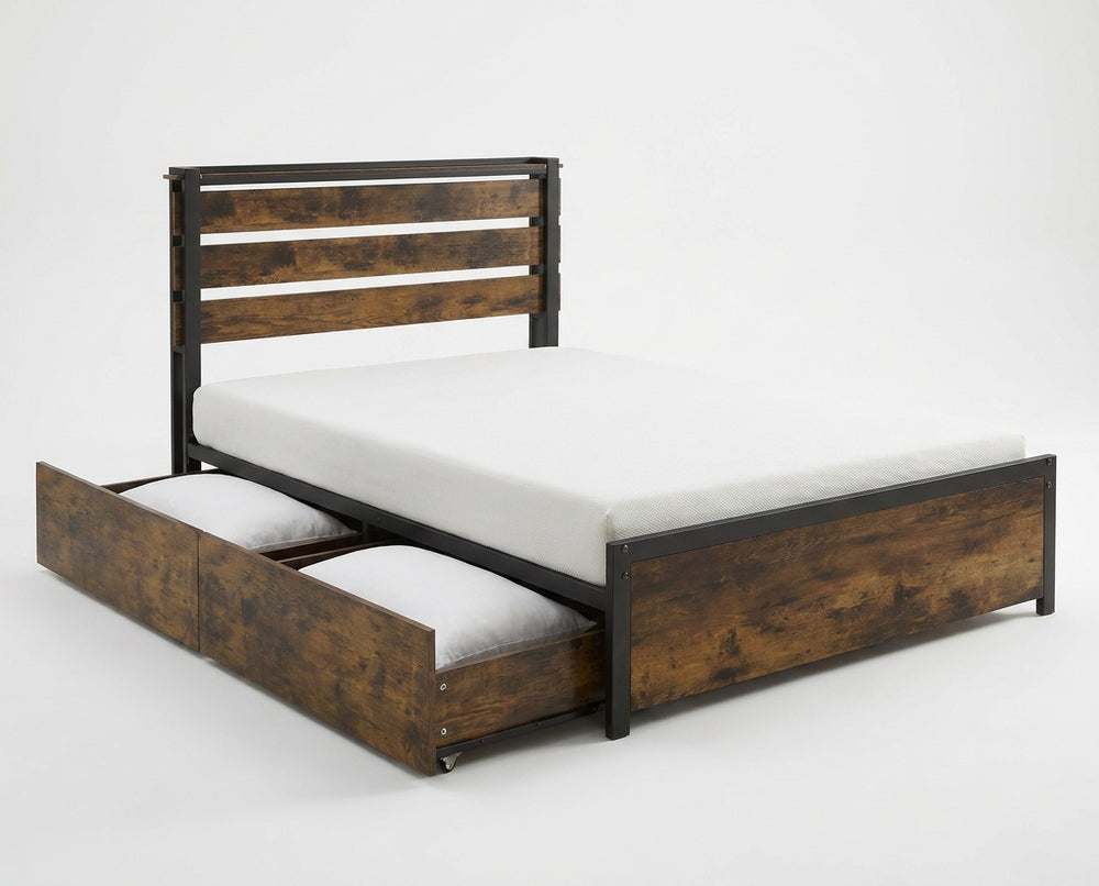 Twin LED bed frame with slatted headboard, storage drawers, and RGB lights for customizable ambiance and convenience.