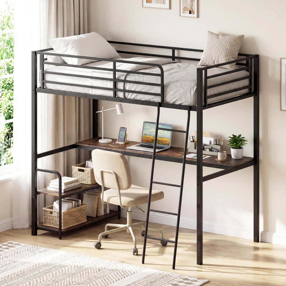 Twin loft bed with rustic brown desk and shelves, featuring a sturdy metal frame and ample under-bed storage.