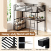 Twin loft bed with desk and shelves in rustic brown, featuring metal slats, guardrails, and ample under-bed storage.