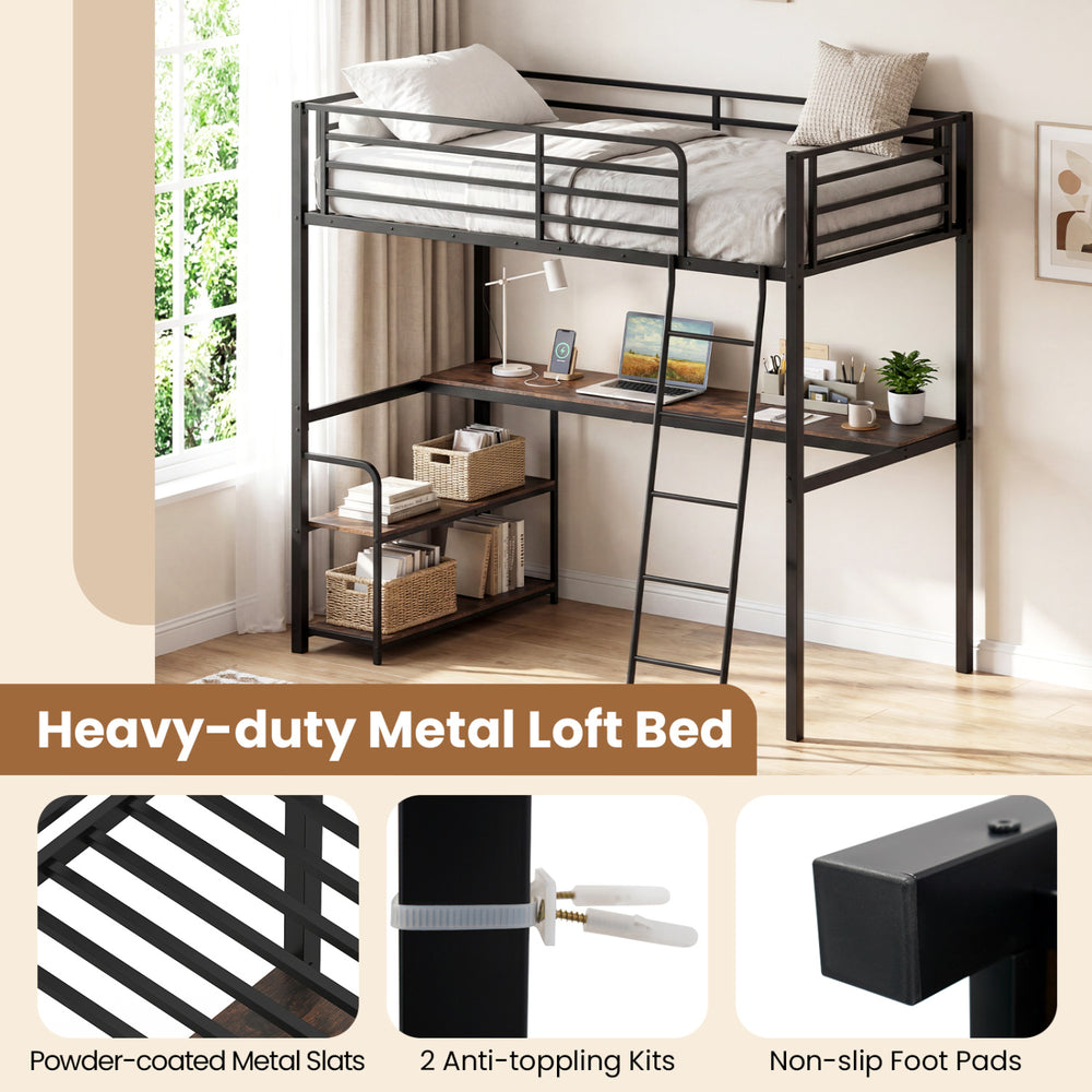 Twin loft bed with desk and shelves in rustic brown, featuring metal slats, guardrails, and ample under-bed storage.